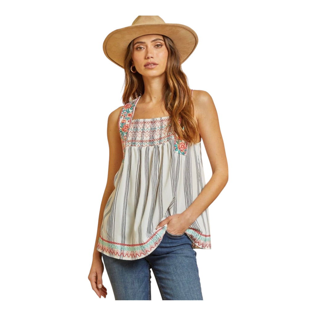 Embroidered Striped Sleeveless Top